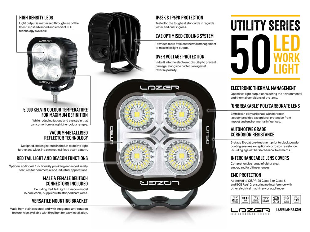 LAZER LAMPS Utility-50 Balise — Phare de Travail LED 5000 lm - BYD Shark 2024+